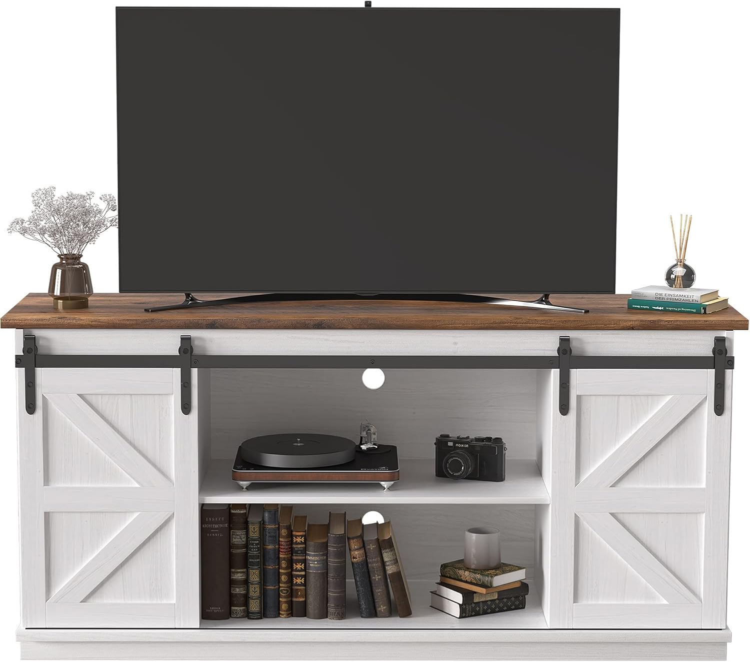 JUMMICO TV Stand for 65 Inch TV, Entertainment Center with Storage Cabinets and Sliding Barn Doors, Mid Century Modern Media TV Console Table for Living Room Bedroom (Bright White)