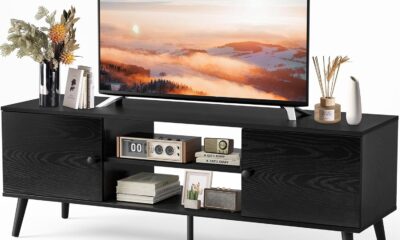 Sweetcrispy TV Stand for 55 60 inch TV, Modern Mid Century Entertainment Center with Storage, Media Console Table 2 Cabinet, Soft Hinge, Handle Door, Wooden Living Room, Office Furniture, Black