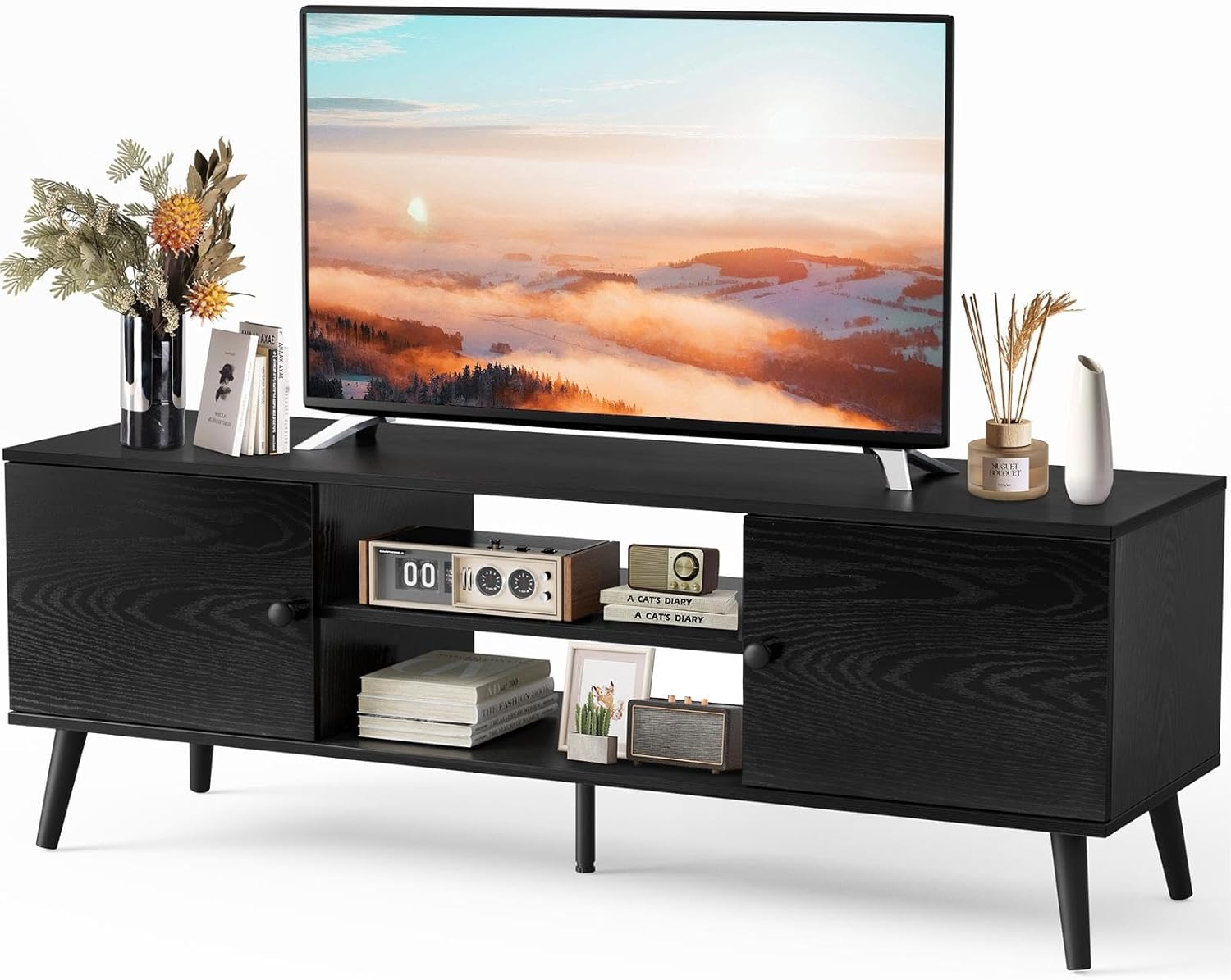 Sweetcrispy TV Stand for 55 60 inch TV, Modern Mid Century Entertainment Center with Storage, Media Console Table 2 Cabinet, Soft Hinge, Handle Door, Wooden Living Room, Office Furniture, Black