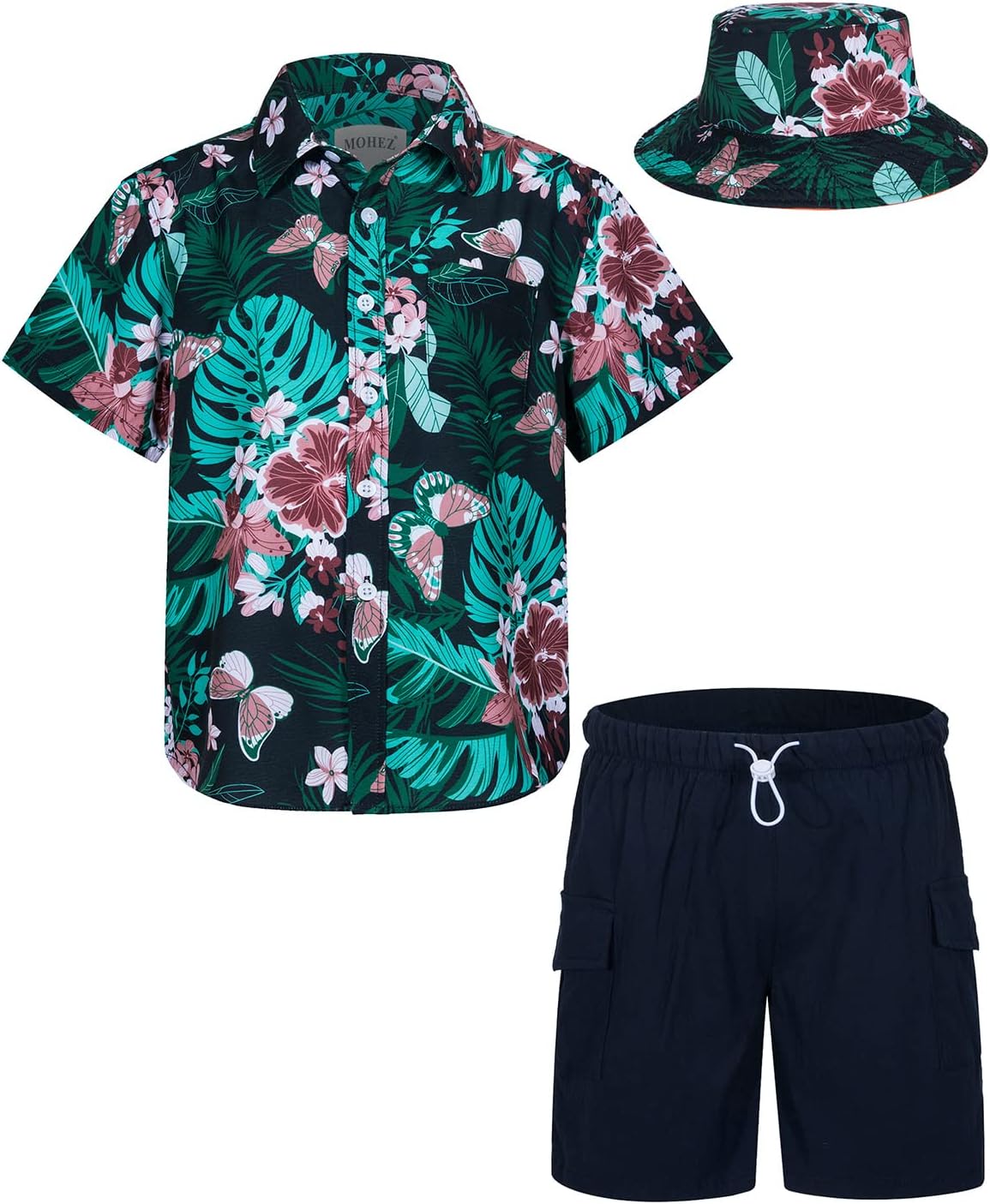 Boys Hawaiian Shirt and Short Set Summer Outfit Kids 2 Piece Clothes Set With Bucket Hat