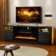 70” TV Stand with 36” Fireplace-LED Light Entertainment Center for 75+ inch TV-Black TV Cabinet with Storage, Modern TV Console for Living Room