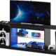 Bestier Led Entertainment Center for PS5, Gaming TV Stand with Cabinet for 60/65 Inch TV, Modern TV Console with Adjustable Glass Shelf for Living Room Easy Assembly Carbon Fiber Black