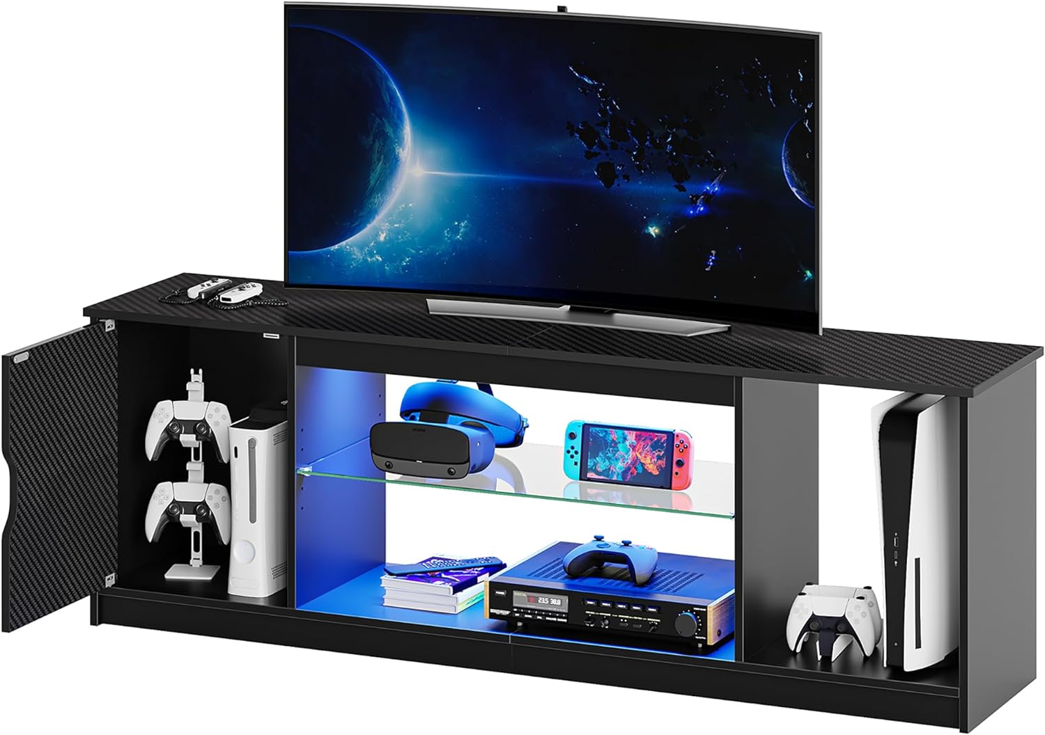 Bestier Led Entertainment Center for PS5, Gaming TV Stand with Cabinet for 60/65 Inch TV, Modern TV Console with Adjustable Glass Shelf for Living Room Easy Assembly Carbon Fiber Black