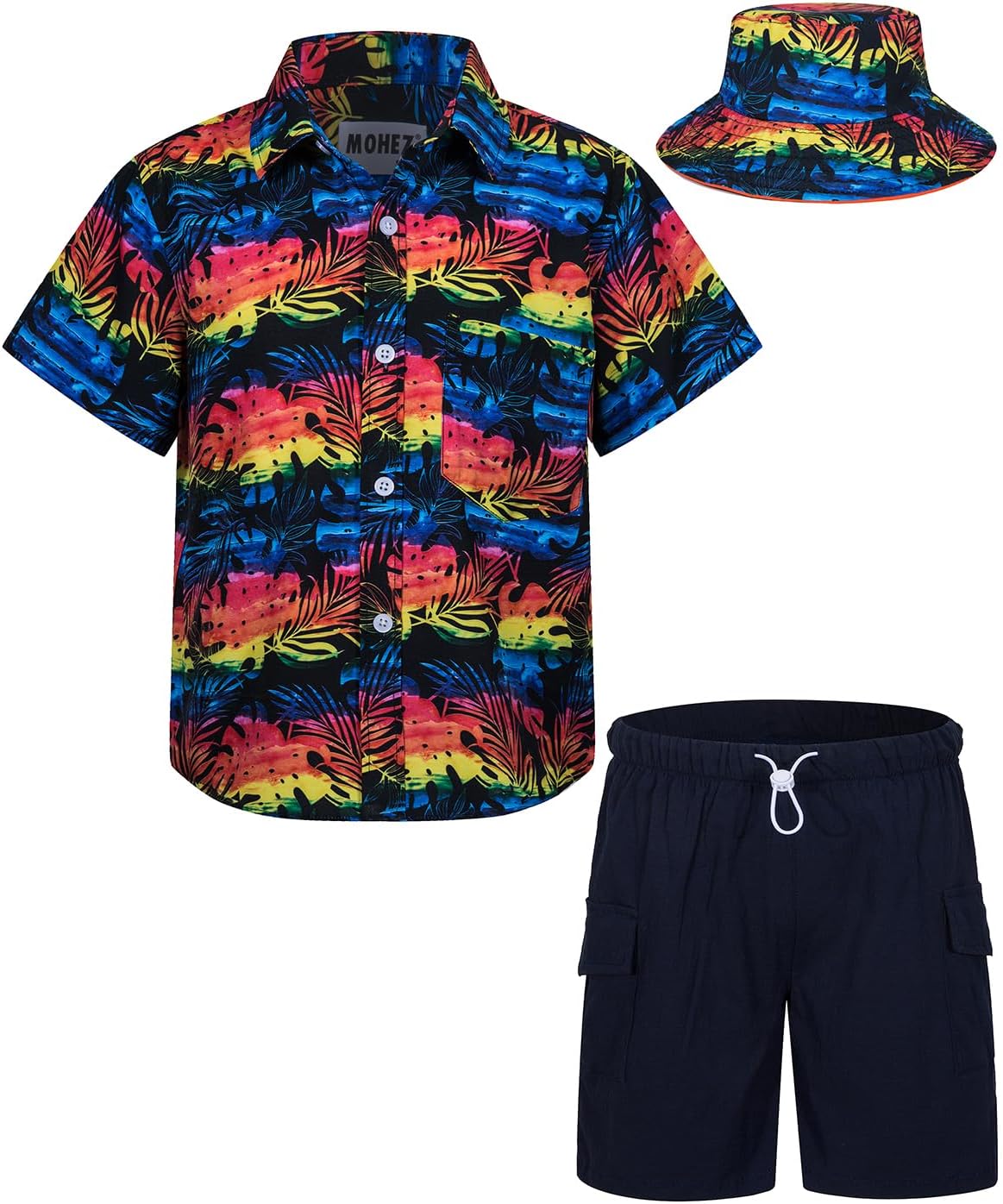 Boys Hawaiian Shirt and Short Set Summer Outfit Kids 2 Piece Clothes Set With Bucket Hat