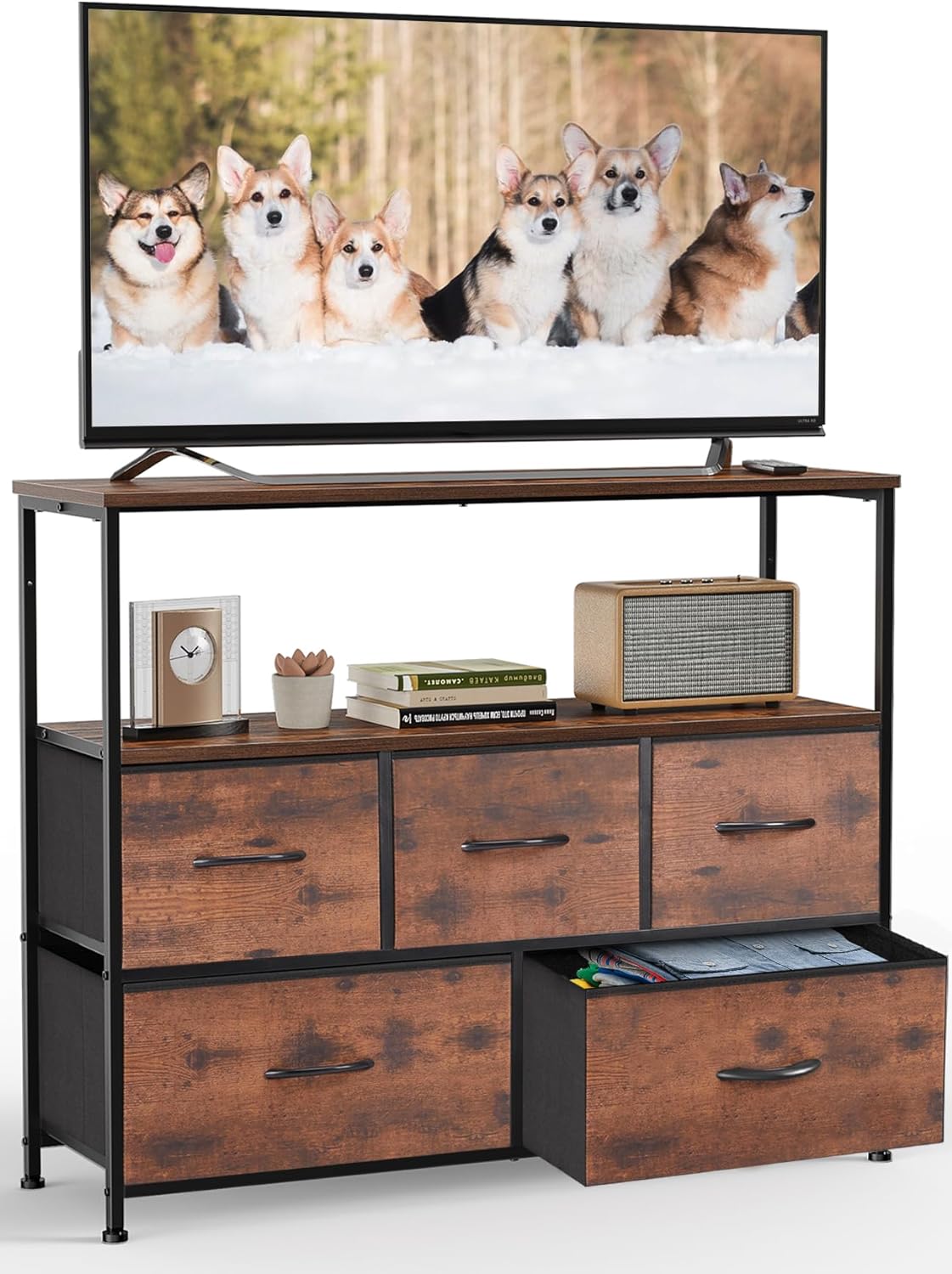 DUMOS TV Stand Dresser for Bedroom Entertainment Center with 5 Fabric Storage Organizers Units, Media Console Table with Open 45″ Television for Living Room, Dorm, 5 Drawers and Shelf, Brown