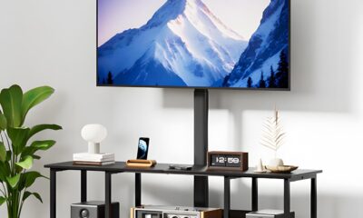 TV Stand with Mount for 32-65 Inch TVs, Swivel Rolling TV Stand Mount with Wheels and Power Outlet, Entertainment Center with Storage, Media Console Cabinet for Living Room Bedroom, Black