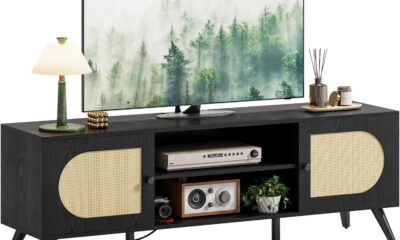 IRONCK TV Stand for 70 Inch, with Power Outlet, Entertainment Center with 2 Cabinets, Rattan TV Console with Adjustable Shelf, 6 Solid Wood Feet, for Living Room, Bedroom, Black