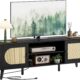 IRONCK TV Stand for 70 Inch, with Power Outlet, Entertainment Center with 2 Cabinets, Rattan TV Console with Adjustable Shelf, 6 Solid Wood Feet, for Living Room, Bedroom, Black