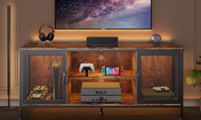 Gizoon TV Stand for TV up to 65 Inch with Storage, 3-Tier Wooden TV Console Table with Doors and Shelf, Modern Gaming Entertainment Center for Living Room Game Room or Home Office, Rustic Brown