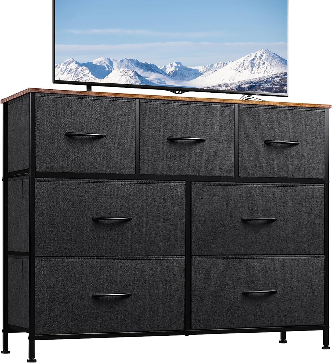 WLIVE Dresser TV Stand, Entertainment Center with Fabric Drawers, Media Console Table with Metal Frame and Wood Top for TV up to 45 inch, Chest of Drawers for Bedroom, Black and Rustic Brown