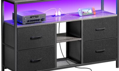 TV Stand Dresser with Power Outlets and LED Lights, 4 Drawers Entertainment Center with Open Shelf, Media Console for 50 43 Inch TV, Dresser with PU Finish, Grey and Black