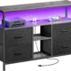 TV Stand Dresser with Power Outlets and LED Lights, 4 Drawers Entertainment Center with Open Shelf, Media Console for 50 43 Inch TV, Dresser with PU Finish, Grey and Black