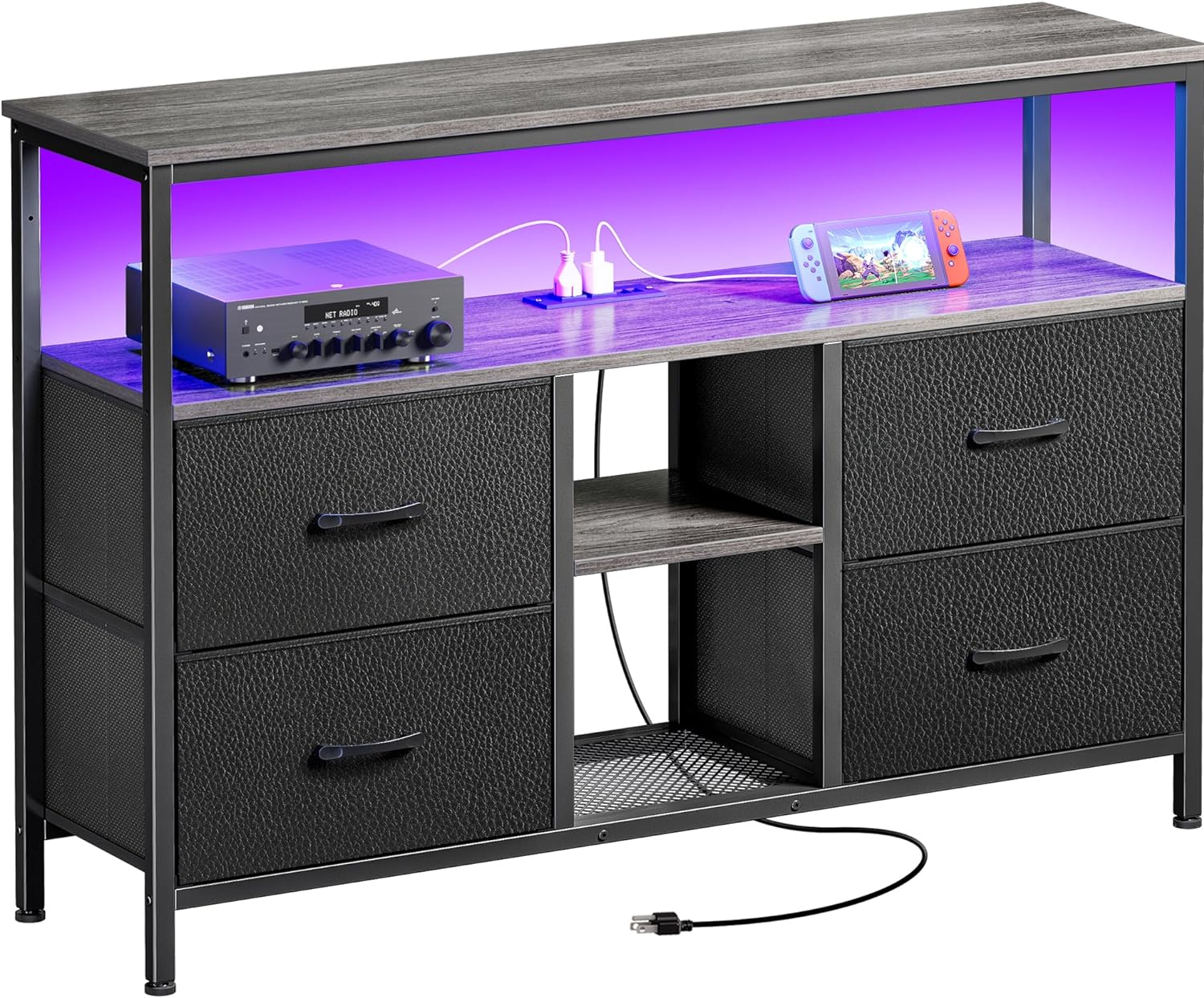 TV Stand Dresser with Power Outlets and LED Lights, 4 Drawers Entertainment Center with Open Shelf, Media Console for 50 43 Inch TV, Dresser with PU Finish, Grey and Black