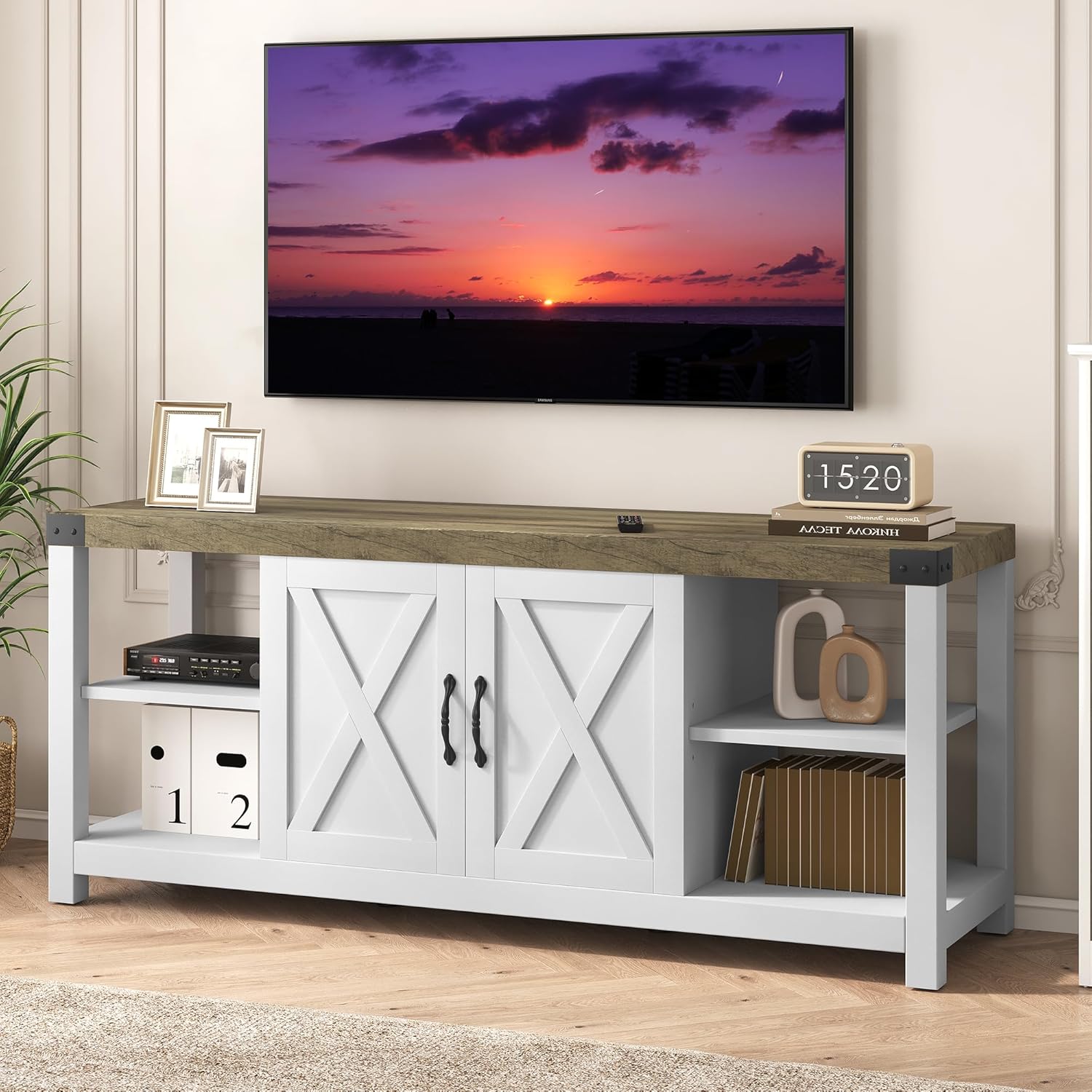 IDEALHOUSE Farmhouse TV Stand for 65/60/55 Inches, Mid Century Modern Entertainment Center with Storage Cabinets and Open Shelves, Wood TV Table Media Console for Living Room, Bedroom (White)