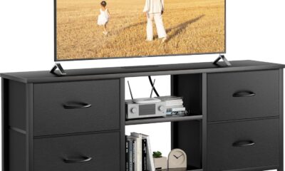 TV Stand for Bedroom, Dresser TV Stand with 4 PU Drawers & Open Shelves for 50″ TV, Entertainment Center with Power Outlet, Dresser for Bedroom, Living Room, Entryway, Black