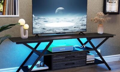 Modern 55″ TV Stand with Power Outlet for TV up to 65 Inch, LED and 2 Storage Fabric Drawers, Entertainment Center with Charging Station for Living Room Bedroom (Charcoal Black)