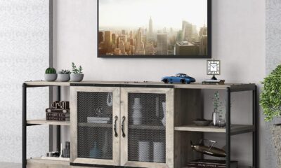 Industrial TV Stand Farmhouse Entertainment Center for TVs up to 70″ Wood Media Console Table with Storage Shelves Mesh Barn Door and Sturdy Metal Frame