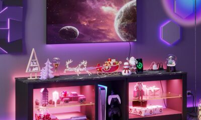 Bestier TV Stand for 70 inch TV with Power Outlets, LED Entertainment Center for PS5, Gaming TV Consoles with Glass Shelves for Living Room, 63” Inch, Black Marble