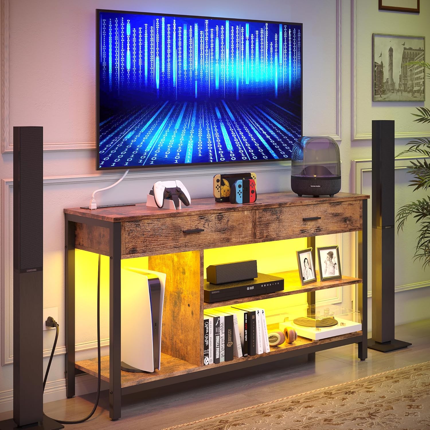 IRONCK TV Stand LED Lights, Entertainment Center with Power Outlet for 55 Inch TV, Industrial TV Console with Media Storage Shelf and 2 Large Drawers,for Bedroom/Living Room, Vintage Brown