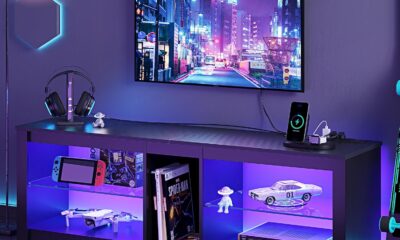 Bestier 55 inch LED TV Stand with Power Outlet, LED TV Stand for Xbox, Gaming Entertainment Center with Storage for 55/60/65inch TV,Modern TV Cabinet for Living Room Black Marble