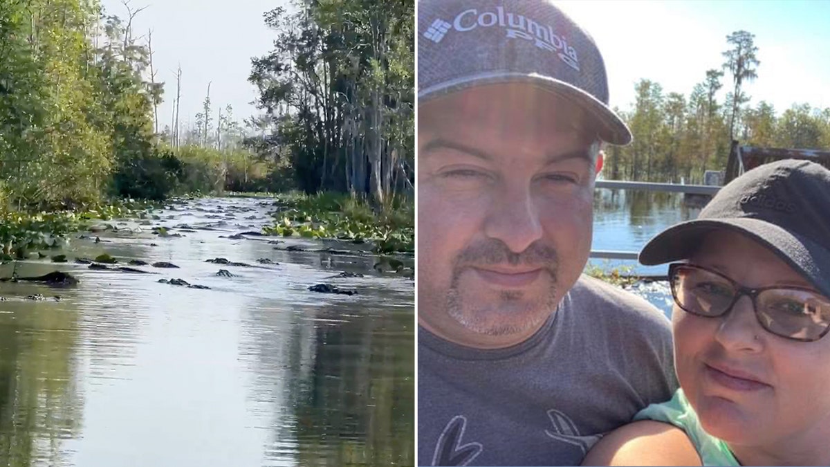 Marty Welch and wife Tina, pictured on the right during their trip through the Okefenokee Swamp in Georgia, happened upon a mass gathering of alligators in a canal on their way to Billy's Lake.