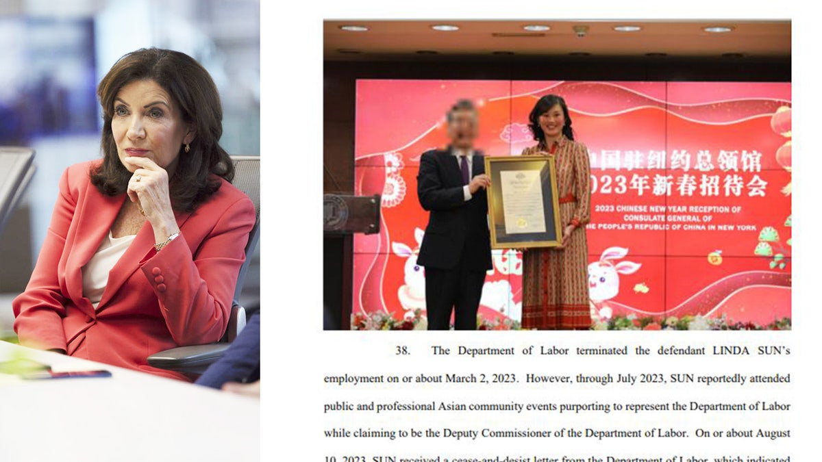 Linda Sun, a former aide to Gov. Kathy Hochul (left), is charged with violating and conspiring to violate the Foreign Agents Registration Act. A photo of her (right) taken from the indictment document shows her at a 2023 event hosted by the People's Republic of China Consulate in New York.