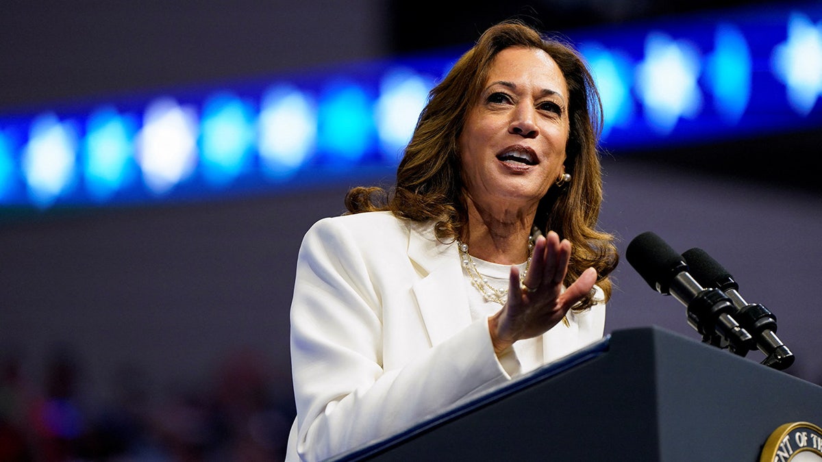 Kamala Harris at podium closeup shot