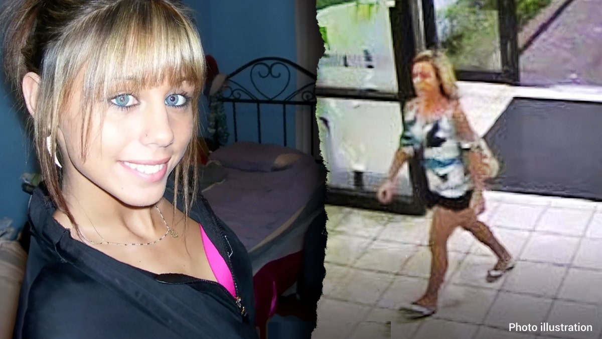 A photo collage showing security footage of Brittanee Drexel walking and a photo of Brittany Drezel's face