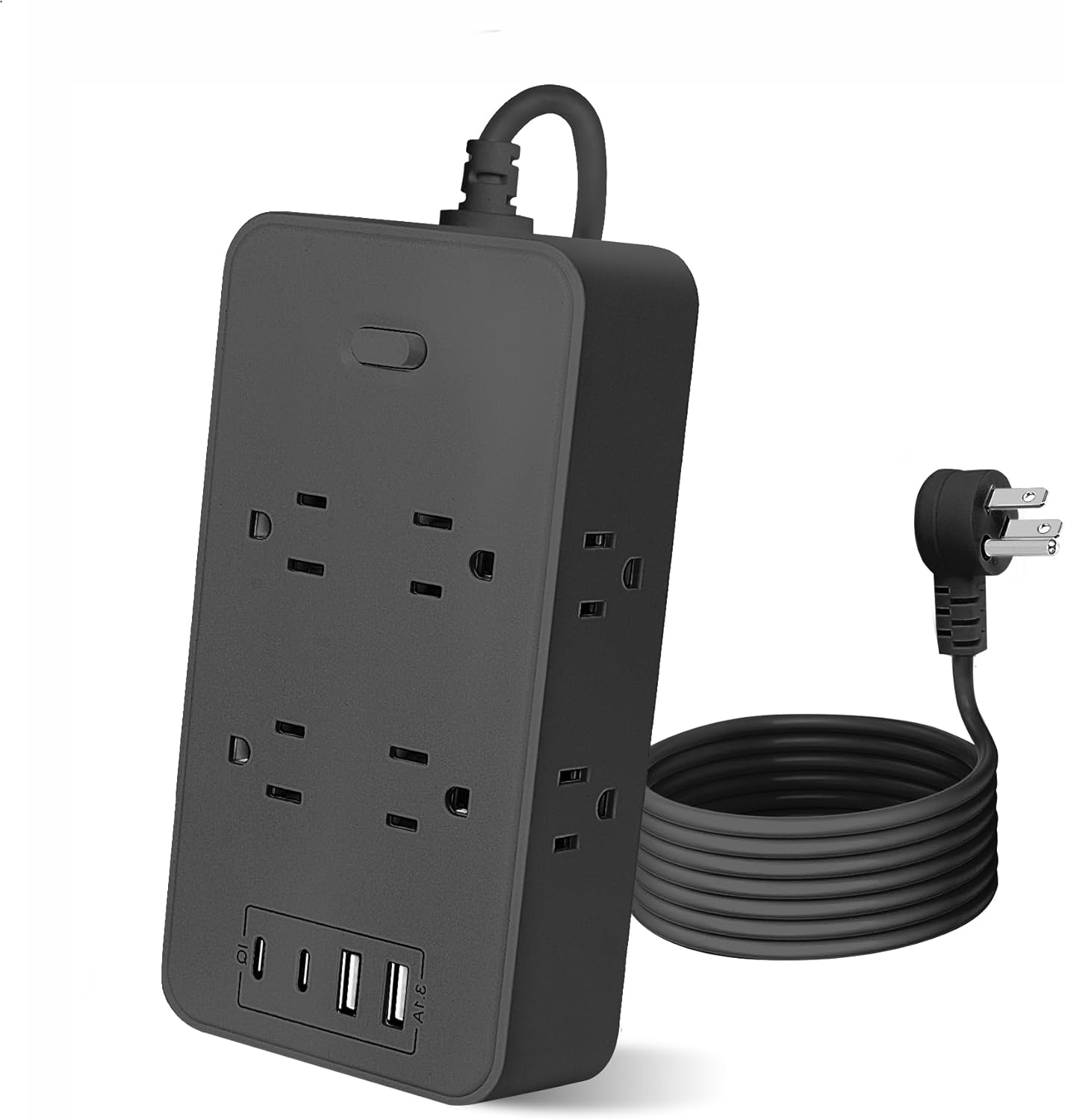 12 in 1 Flat Plug Power Strip with USB C Ports, Jumpso 6ft Extension Cord with 8 Wide Outlets, 2 USB 2 USB C, 3.1A Fast Charge, Wall Mount, Plug Extender for Travel,Office, Dorm Room Essentials Black