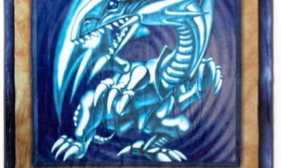 Surreal Entertainment Yu-Gi-Oh! Blue-Eyes White Dragon Card Fleece Throw Blanket | Anime Plush Soft Cover For Sofa, Bed | 45 x 60 Inches, Gold