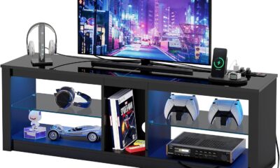 Bestier LED TV Stand for 55/60/65 Inch TV, High Gloss Gaming TV Stand with Power Outlet, Black Entertainment Center with Storage for Living Room, Bedroom, 55 Inch TV Console with Adjustable Shelves