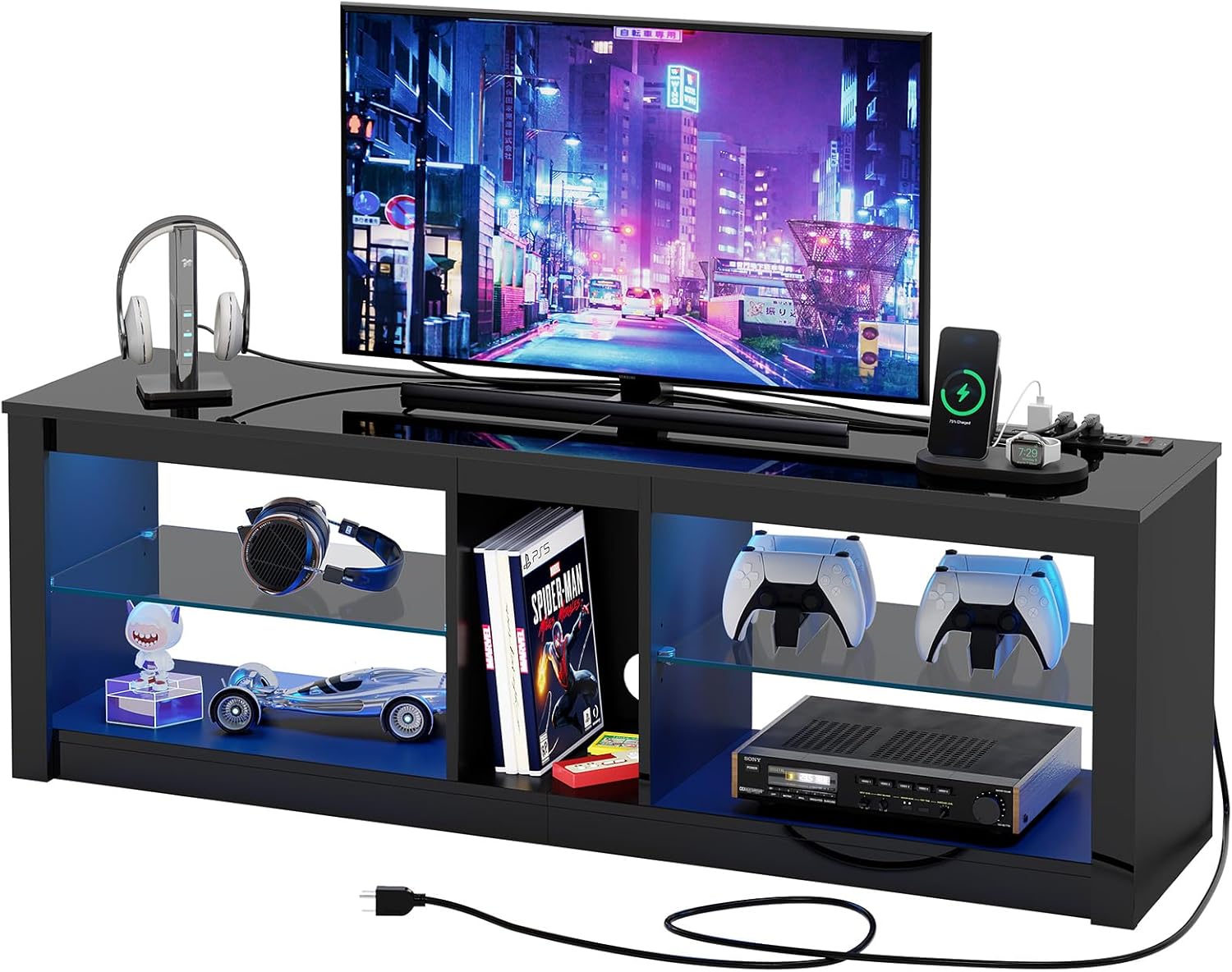 Bestier LED TV Stand for 55/60/65 Inch TV, High Gloss Gaming TV Stand with Power Outlet, Black Entertainment Center with Storage for Living Room, Bedroom, 55 Inch TV Console with Adjustable Shelves