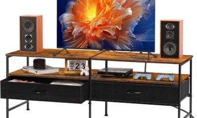 melos TV Stand with Fabric Drawers for 55 Inches TV – Entertainment Center and Industrial TV Console Table with Open Storage Shelves for Living Room, Bedroom, Rustic Brown