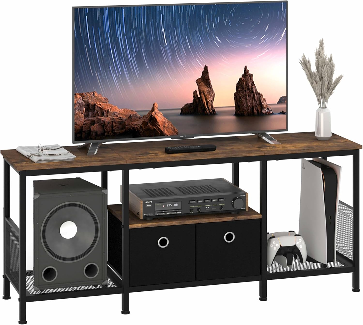 55 inch TV Stand for Living Room, Entertainment Center with Fabric Drawers Storage, Television Media Console Table with Soundbar Shelf for Living Room, Bedroom, Rustic Brown