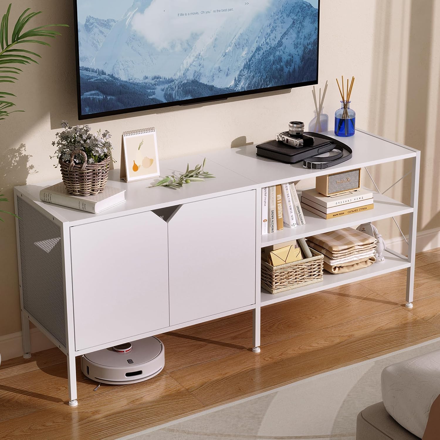 White TV Stand with Storage – Television Stands for Living Room, 50 Inch TV Table for 32 40 55 65 Inch TV, TV Consle for Bedroom, White