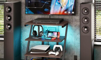 HOOBRO 4-Tier AV Media Stand with Charging Station, Stereo Cabinet, Corner TV Stand with LED Lights, Rack Audio Tower with Adjustable Outlets for Record Player, Black and Walnut BH82UDCJ01