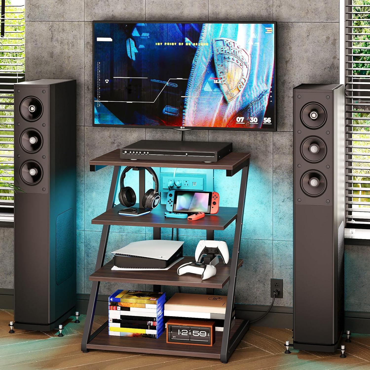 HOOBRO 4-Tier AV Media Stand with Charging Station, Stereo Cabinet, Corner TV Stand with LED Lights, Rack Audio Tower with Adjustable Outlets for Record Player, Black and Walnut BH82UDCJ01