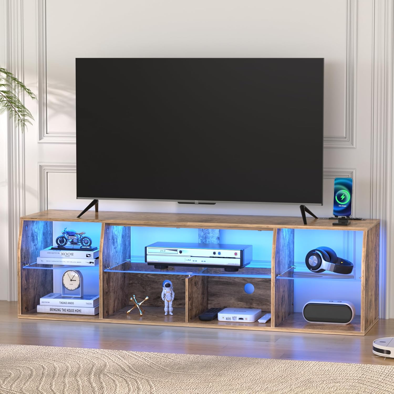 VECELO TV Stand with LED Strip & Power Outlets, Industrial Entertainment Center for 45/50/55/60/65/70 inch TVs, 7 Open Storage, 3 Tiers Media Console Table, Cord Holes, Bedroom, 65″,Brown