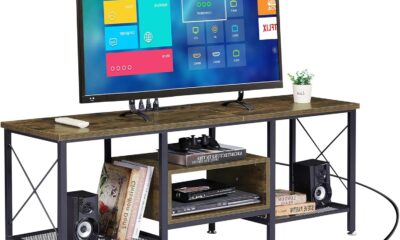 VECELO TV Stand with Power Outlets for 65 Inch Industria Media Entertainment Center with Charging Station, 3-Tier Open Shelves & Metal Frame for Living Room, Bedroom, 55 Inch, Brown