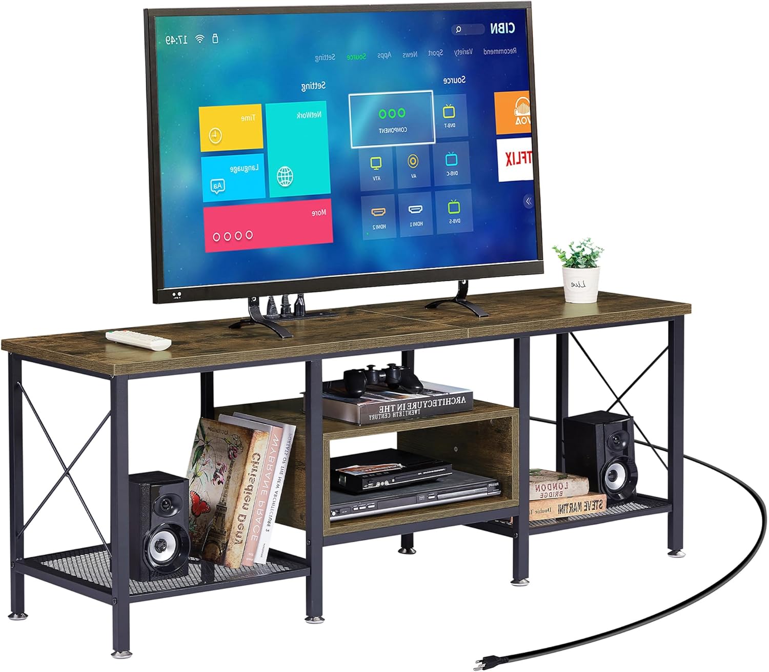 VECELO TV Stand with Power Outlets for 65 Inch Industria Media Entertainment Center with Charging Station, 3-Tier Open Shelves & Metal Frame for Living Room, Bedroom, 55 Inch, Brown