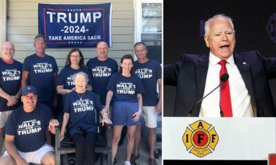 Tim Walz family members pose in T-shirts declaring their presidential preference: 'Walz's for Trump'