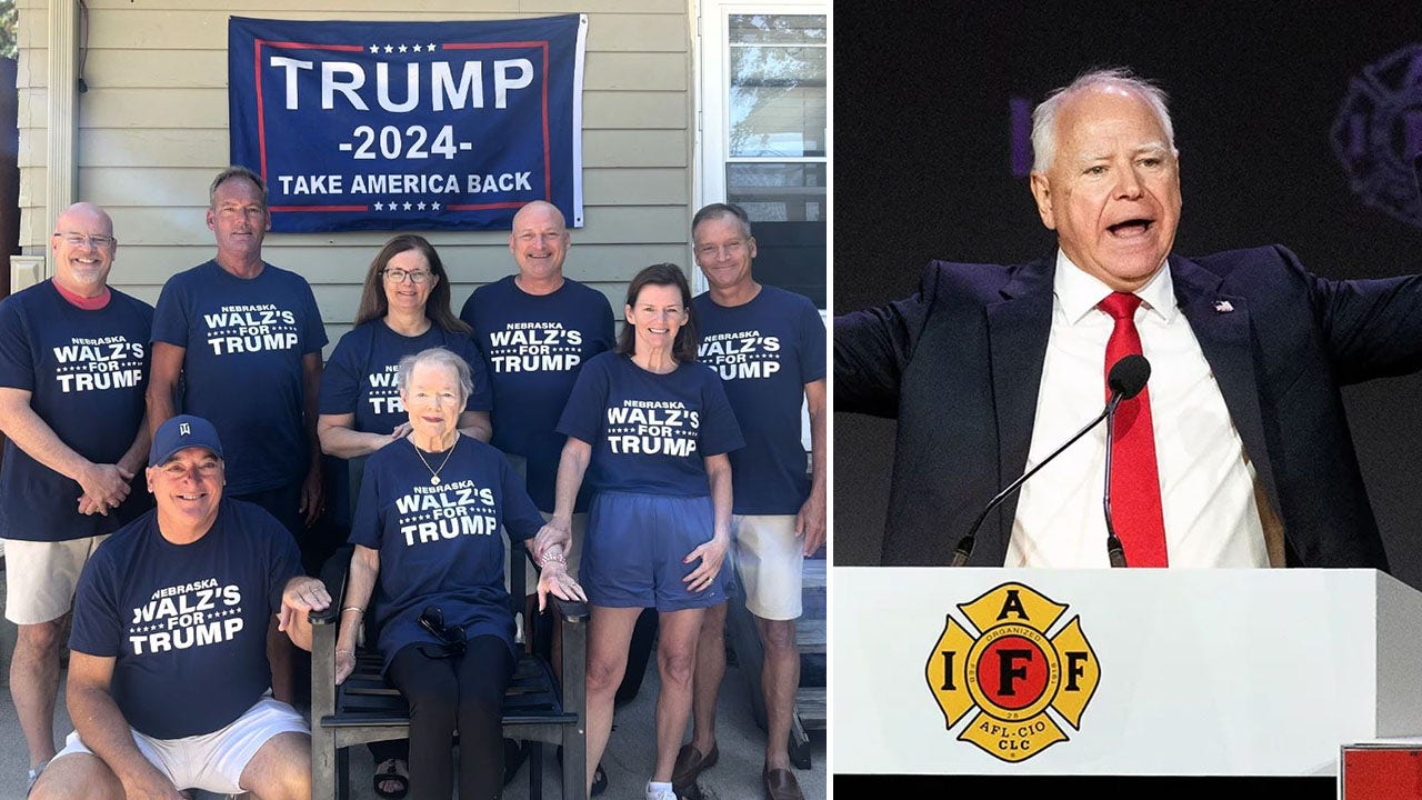 Tim Walz family members pose in T-shirts declaring their presidential preference: 'Walz's for Trump'