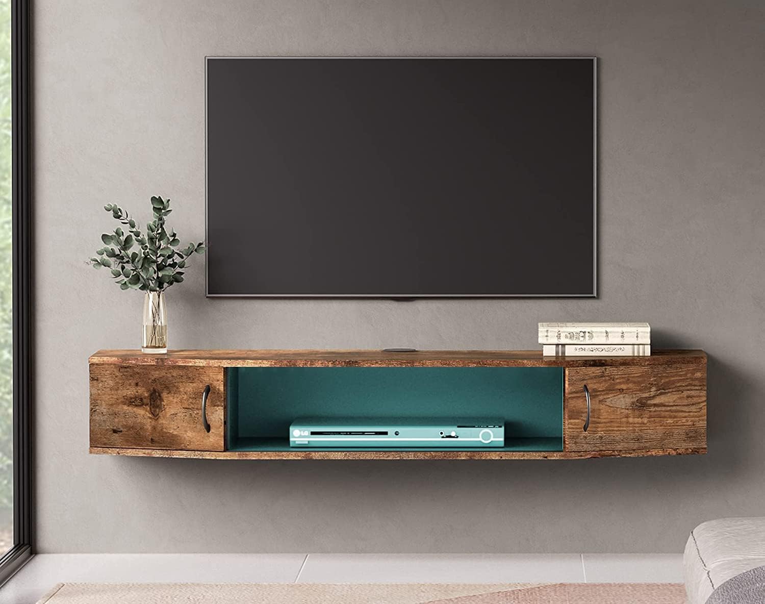 WAMPAT Floating TV Stand Wall Mounted Shelf with 16 Colors LED Lights, Wood Media Console Entertainment Center Under TV, Entertainment Shelf for Living Room, Bedroom,Rustic Brown