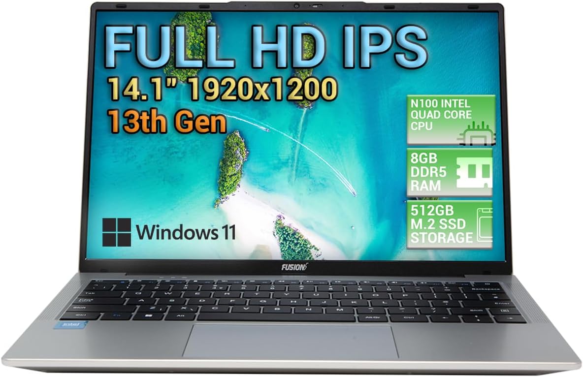 Fusion5 13th Gen 14.1″ Full HD Windows 11 Laptop – 512GB M.2 SSD Storage, 8GB DDR5 RAM, T90B Pro, N100 Quad Core, Dual WiFi, USB 3.0, 2MP, Webcam, 2023 Model