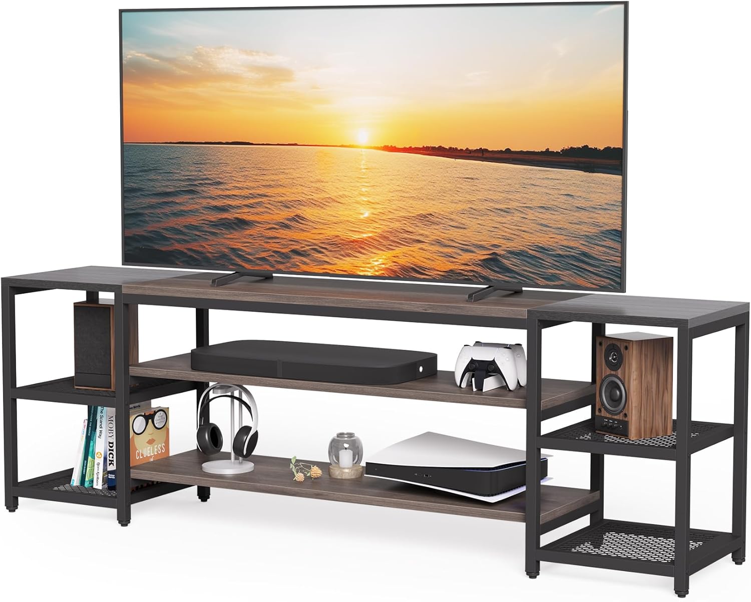 LITTLE TREE Industrial TV Stand for Televisions up to 85 Inch, 78-Inch Entertainment Center with Open Storage Shelves for Living Room