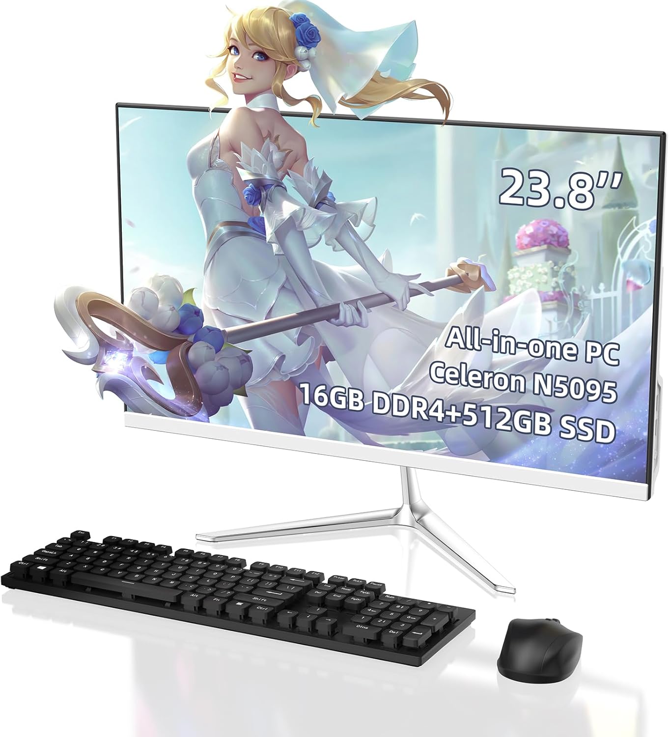 23.8 inch 2024 All in One Desktop PC, Windows 11, WiFi 6, FHD Display, 16GB RAM, 512GB SSD, Intel N5095 Processor, Bluetooth, Wired Mouse and Keyboard