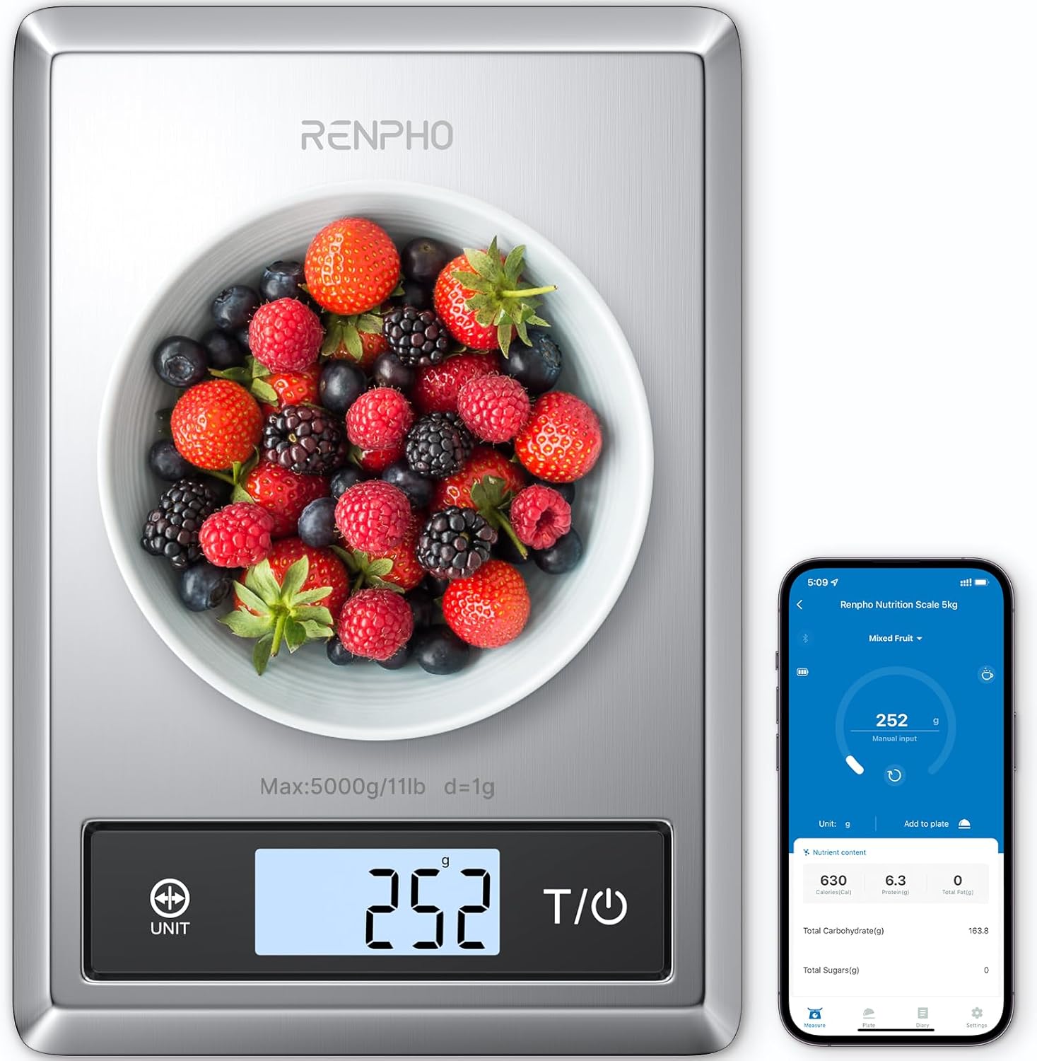 RENPHO Smart Food Scale, Digital Kitchen Scale for Food Ounces and Grams, Food Weight Scale with Nutritional Calculator APP for Keto, Macro, Calorie and Weight Loss, Stainless Steel