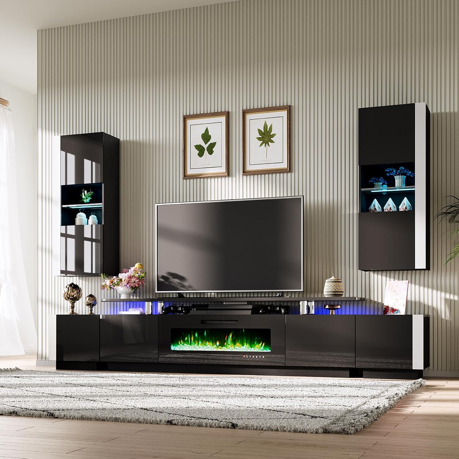 AMERLIFE Wall Unit Entertainment Center with Fireplace and Storage, Includes 80″ 2-Tier Fireplace TV Stand, 2 x Wall Cabinets & 2 x End Tables, Modern LED Lights TV Console for Living Room, Black