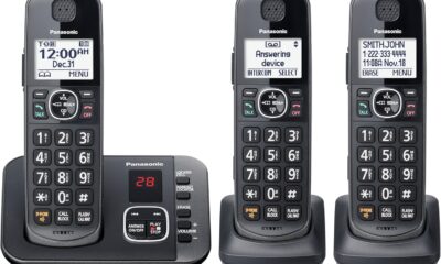 Panasonic DECT 6.0 Expandable Cordless Phone System with Answering Machine and Call Blocking – 3 Handsets – KX-TGE633M (Metallic Black)