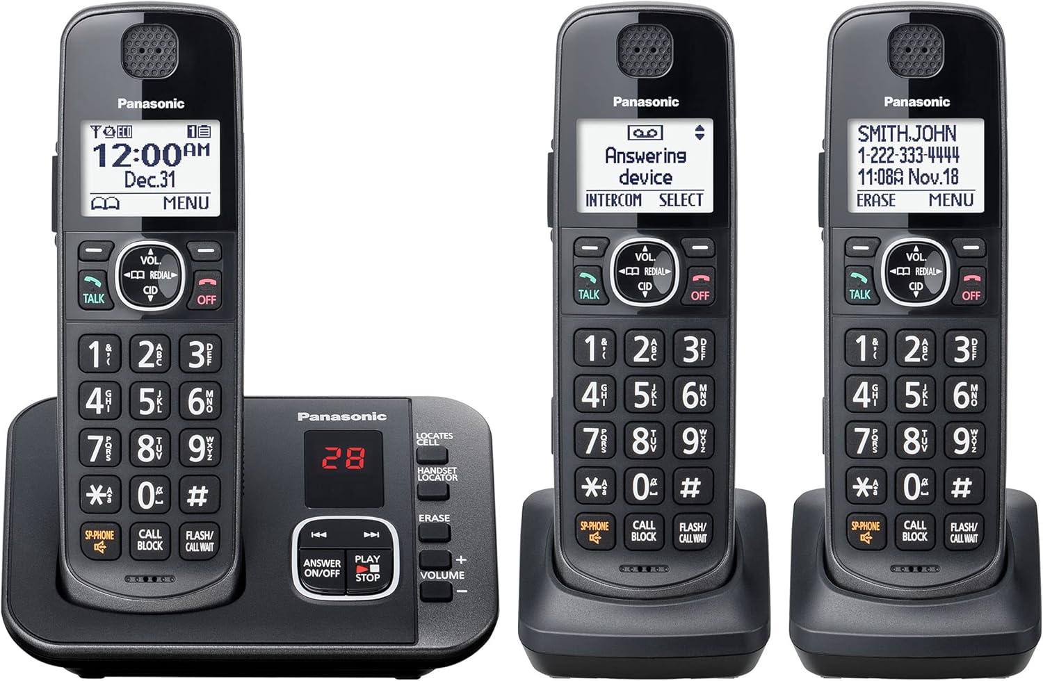 Panasonic DECT 6.0 Expandable Cordless Phone System with Answering Machine and Call Blocking – 3 Handsets – KX-TGE633M (Metallic Black)